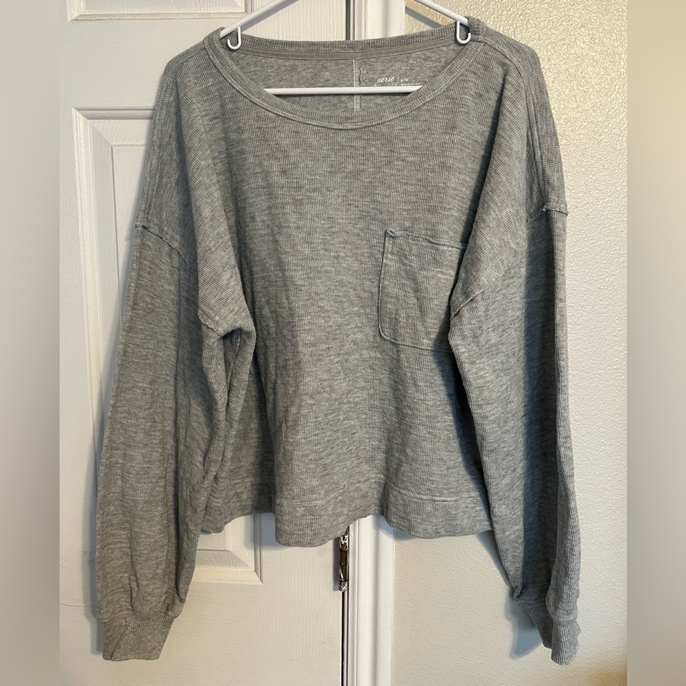 Aerie Endless Summer Crewneck Sweatshirt in Heathered Gray Boxy Fit Ribbed - Picture 3 of 8